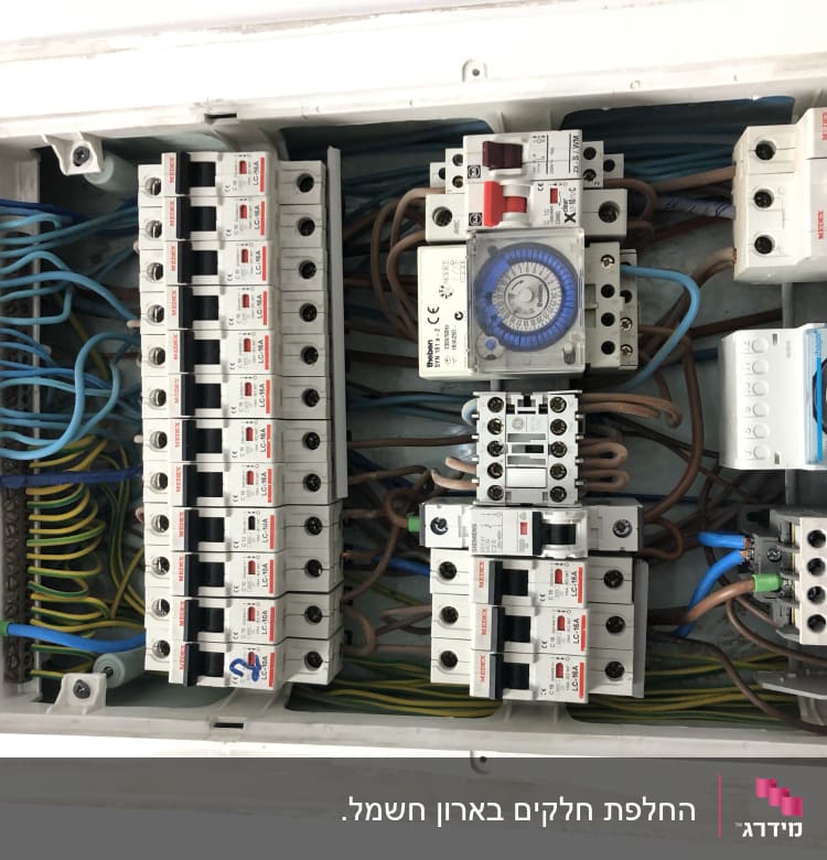 לוח חשמל עם מפסקים וחוטים צבעוניים
